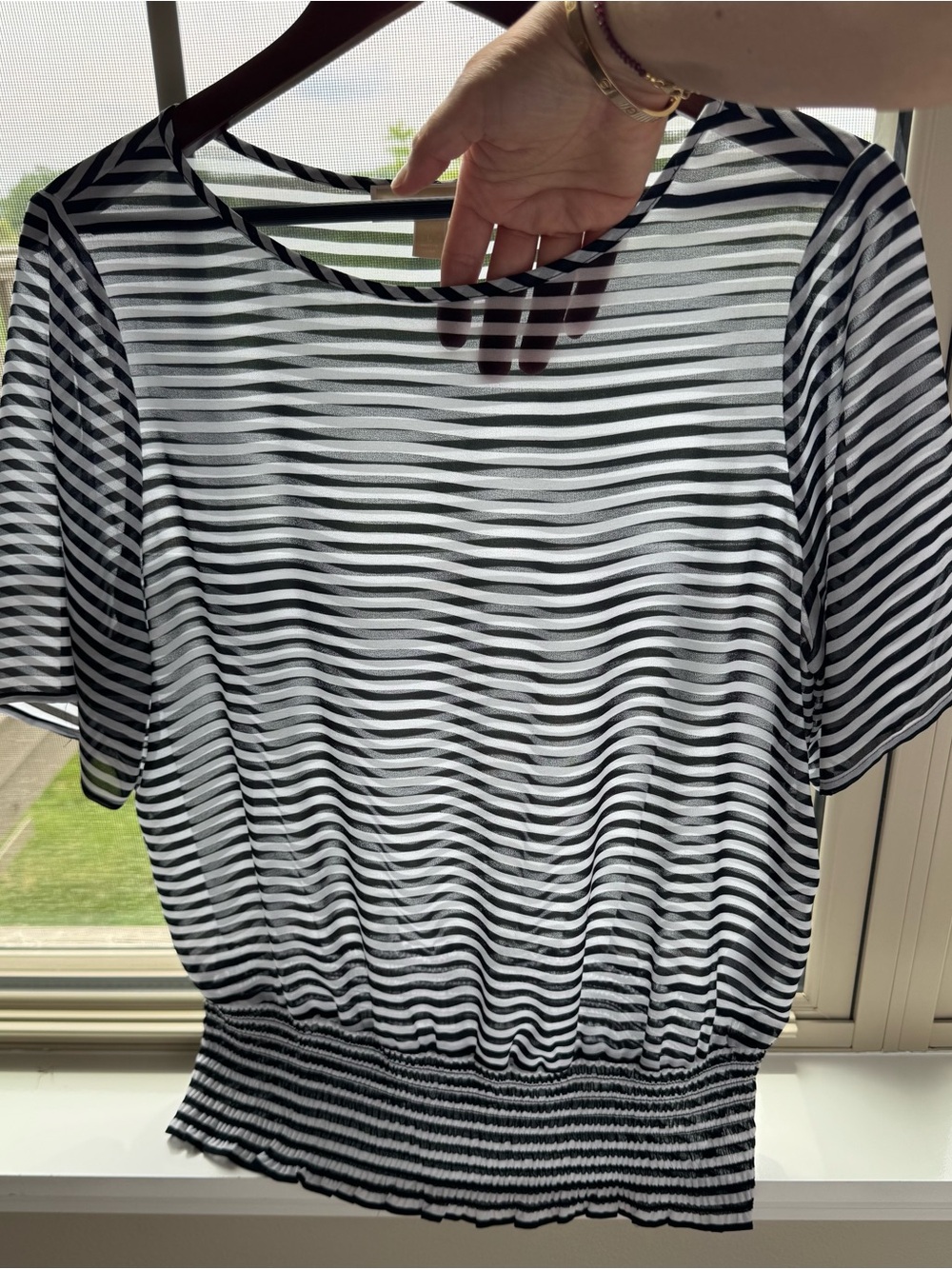 Michael Kors Black and White Striped Short Sleeve Smocked-Waist Top